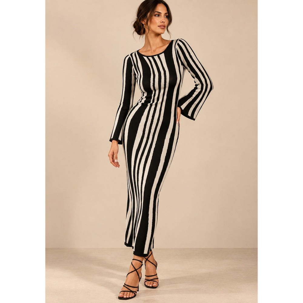 COMMENSE Zebrataur Black White Stripe Knit Maxi Dress Long Sleeve L